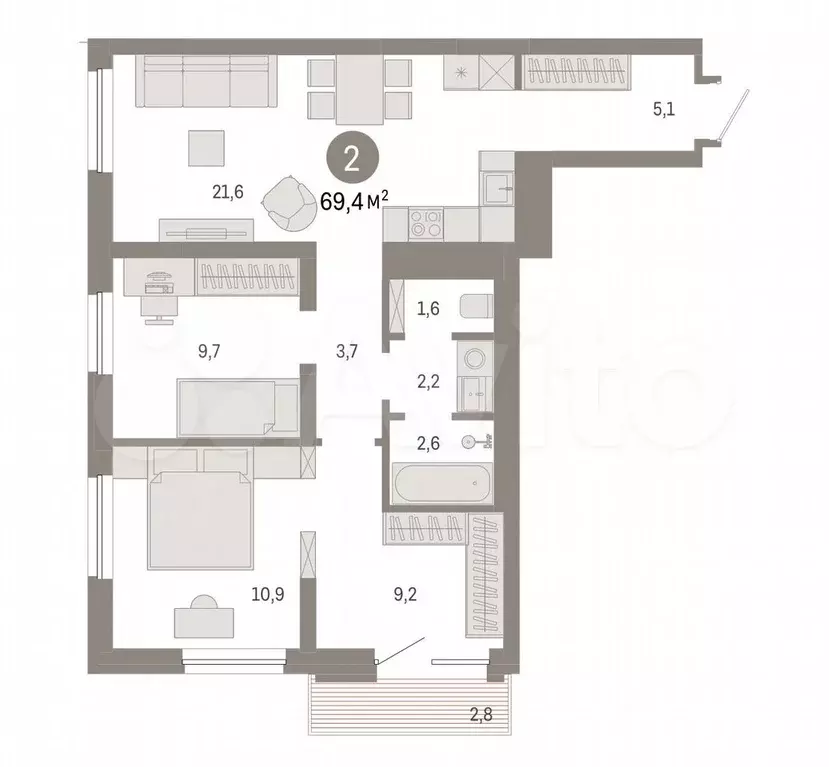 3-к. квартира, 69,4 м, 5/8 эт. - Фото 0