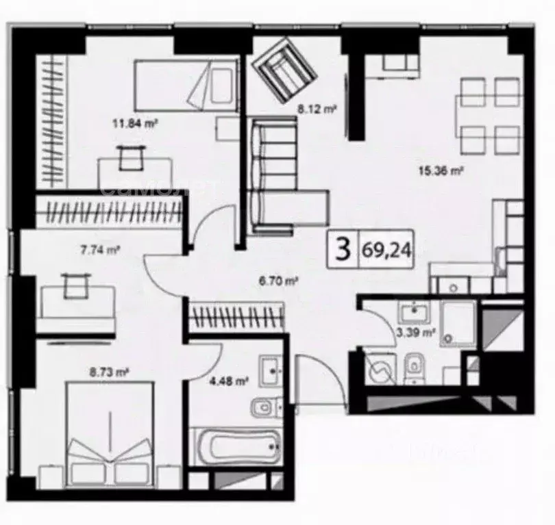 Квартира, 3 комнаты, 67.5 м - Фото 0