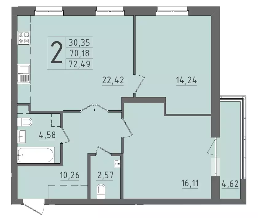 2-к квартира, 72.49 м - Фото 0