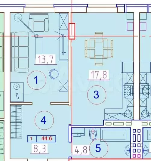 1-к. квартира, 44,6 м, 8/9 эт. - Фото 1