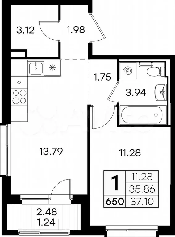 1-к. квартира, 37,1 м, 4/9 эт. - Фото 0