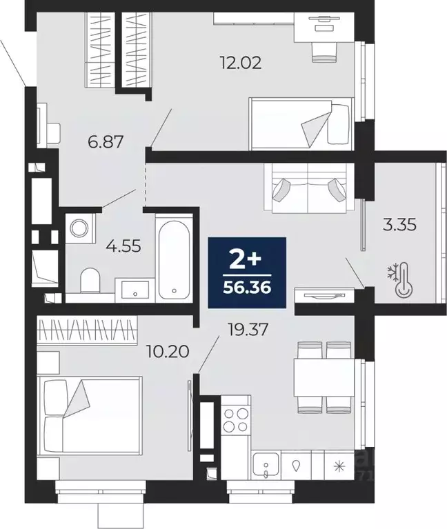 2-к кв. Тюменская область, Тюмень Беринг жилой комплекс (54.68 м) - Фото 1
