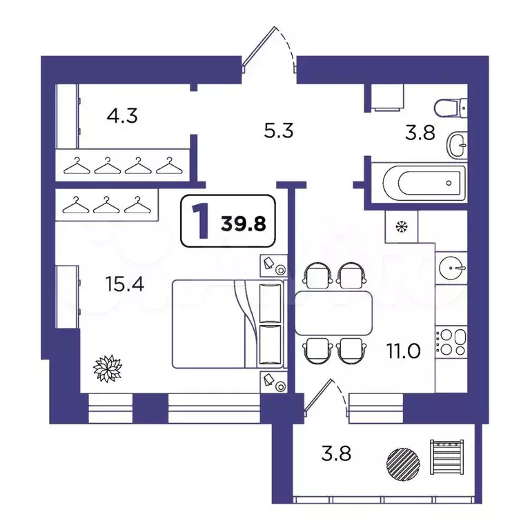 1-к. квартира, 40 м, 2/14 эт. - Фото 1