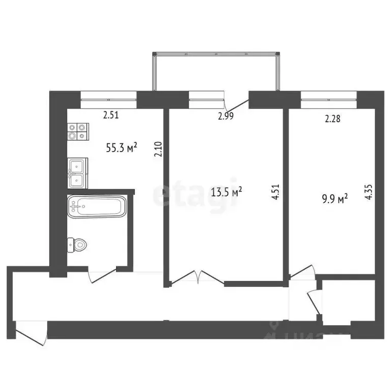 2-к кв. Челябинская область, Челябинск ул. 3 Сентября, 28 (43.7 м) - Фото 1