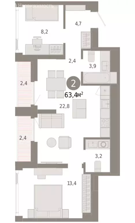 2-комнатная квартира: Тюмень, жилой комплекс Зарека (63.42 м) - Фото 1