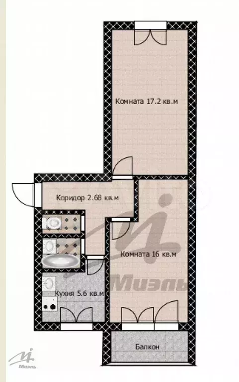 2-к. квартира, 47,7 м, 3/5 эт. - Фото 0