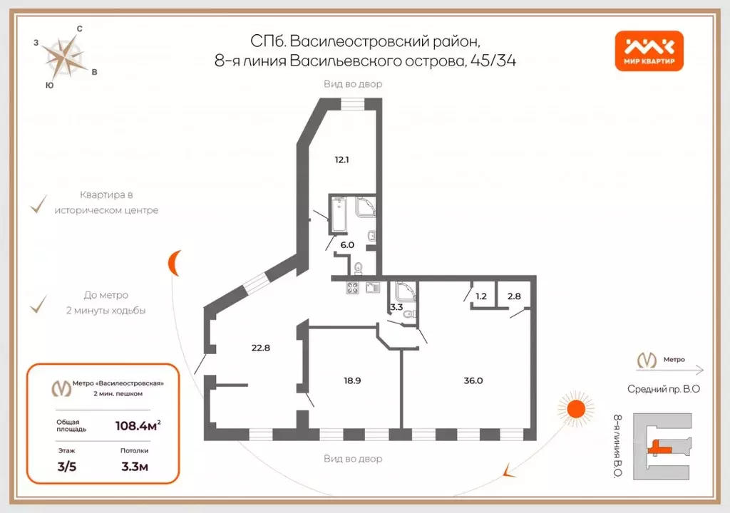3-к кв. Санкт-Петербург 8-я Васильевского острова линия, 45/34 (108.4 ... - Фото 2