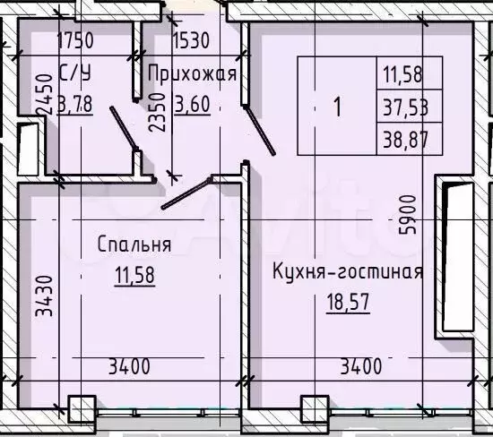 1-к. квартира, 38,9 м, 4/16 эт. - Фото 0