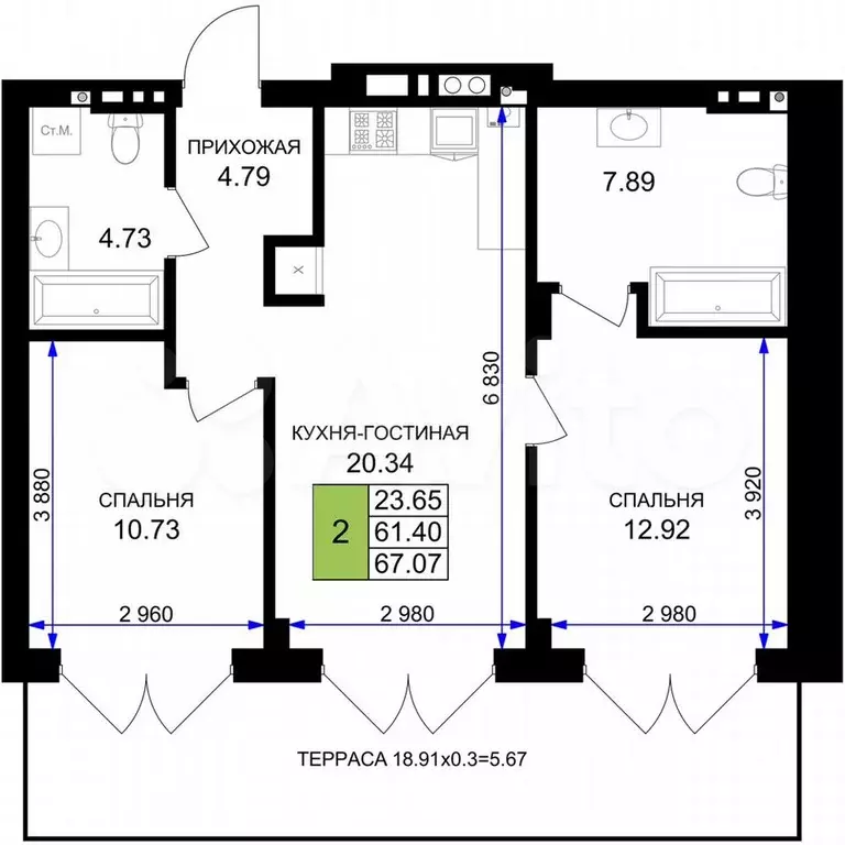 2-к. квартира, 67,1 м, 1/7 эт. - Фото 1
