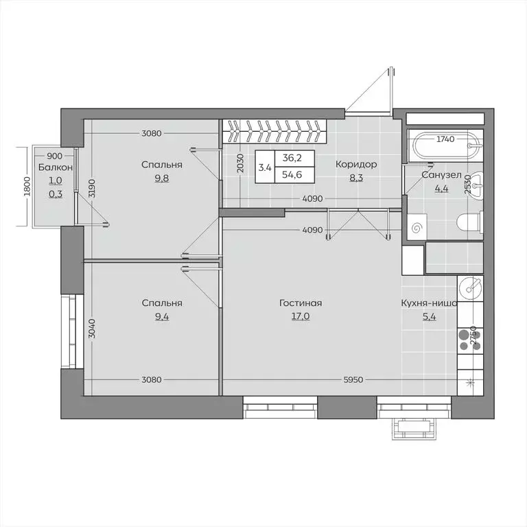 3-комнатная квартира: село Усады, улица Тёплых Встреч, 11 (53.16 м) - Фото 1