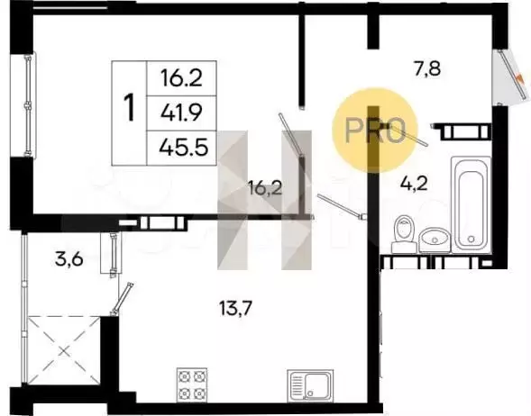 1-к. квартира, 45,5 м, 12/16 эт. - Фото 1