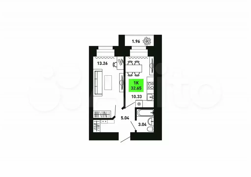 1-к. квартира, 32,7 м, 3/15 эт. - Фото 0
