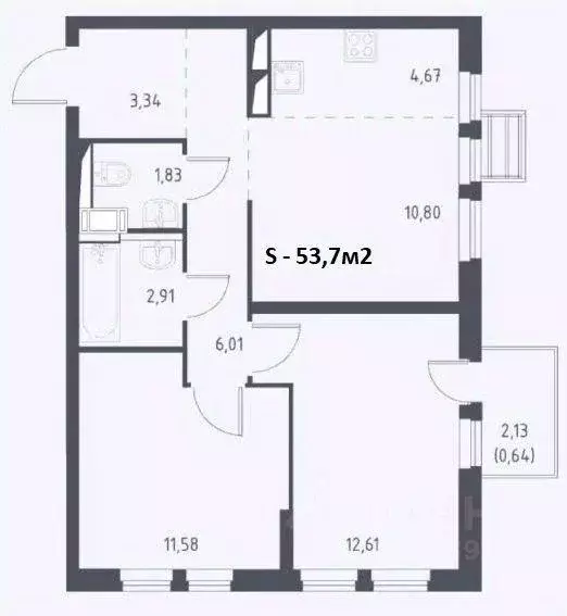 Квартира, 2 комнаты, 53.7 м - Фото 2