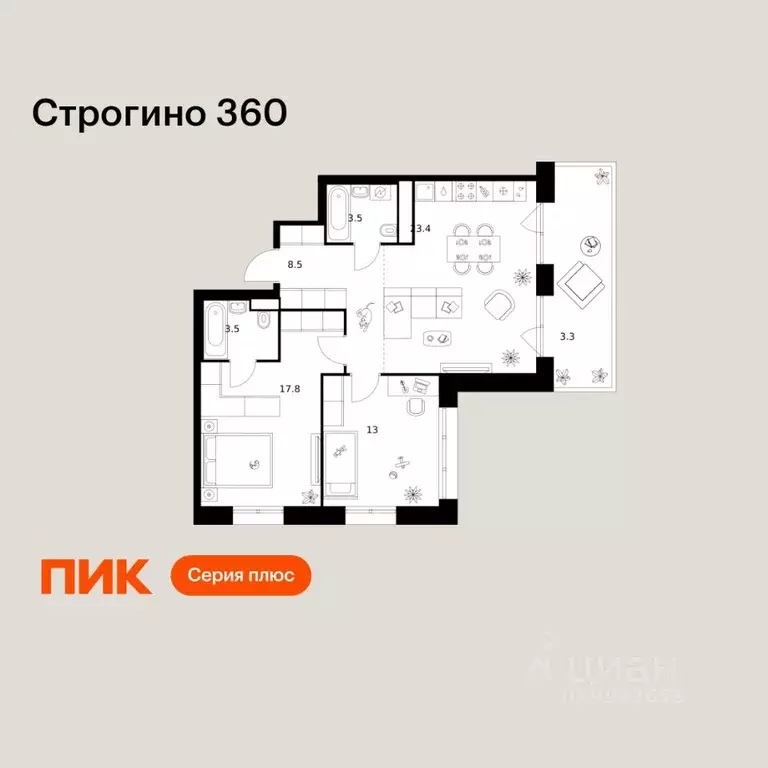 2-к кв. Москва Строгино 360 жилой комплекс (73.0 м) - Фото 1