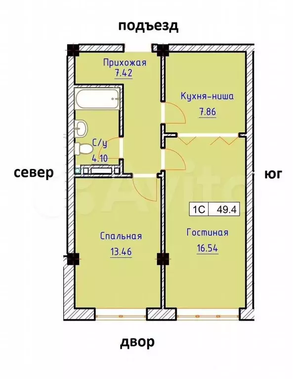 2-к. квартира, 49,4 м, 1/4 эт. - Фото 0