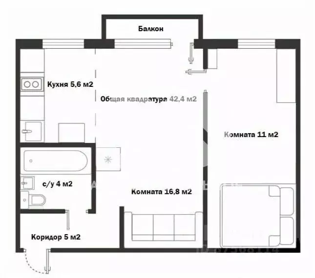 2-к кв. Новосибирская область, Новосибирск ул. Серафимовича, 1/2 (42.4 ... - Фото 1