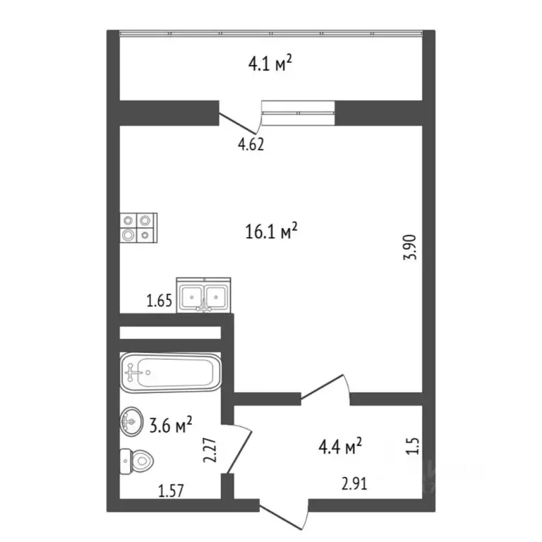 Студия Тюменская область, Тюмень ул. Новоселов, 115 (24.1 м) - Фото 2