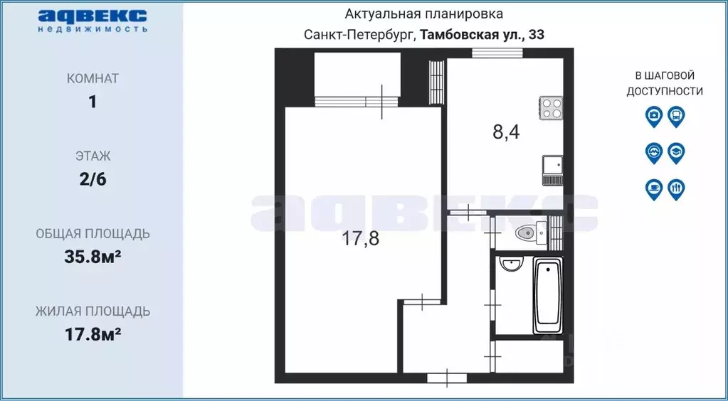 1-к кв. санкт-петербург тамбовская ул, 33 (35.8 м) - Фото 1