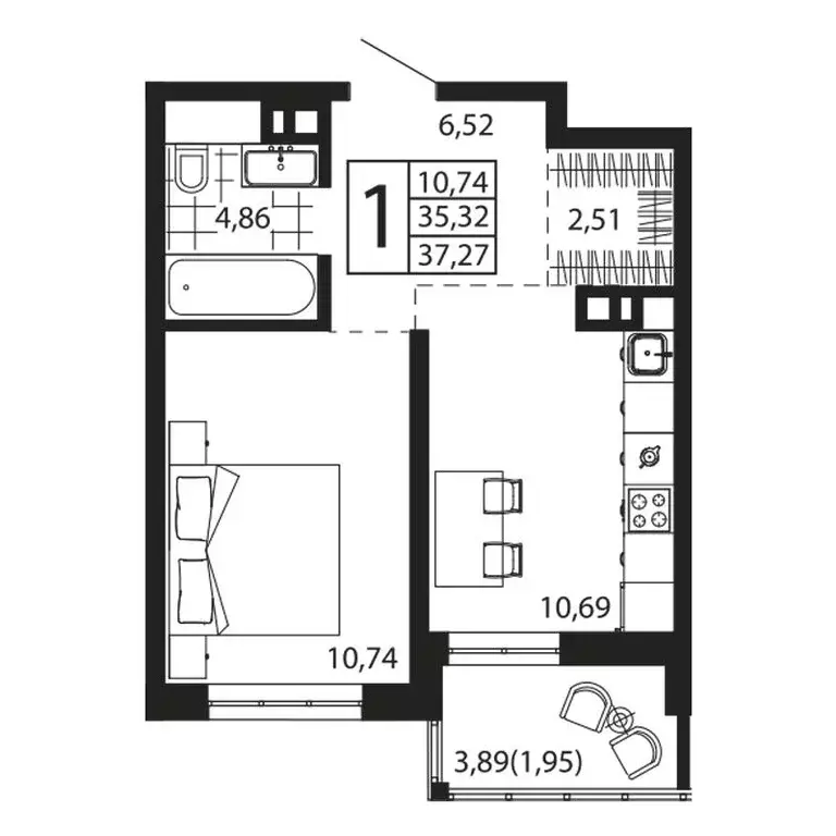 1-к квартира, 37.19 м - Фото 0