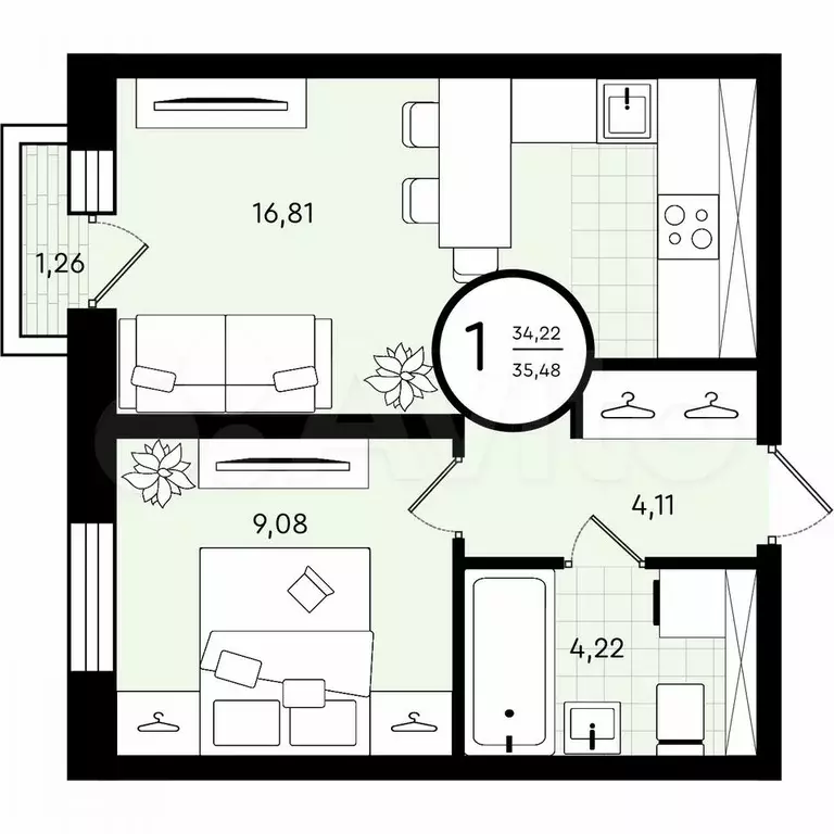 1-к. квартира, 35,5 м, 4/4 эт. - Фото 0