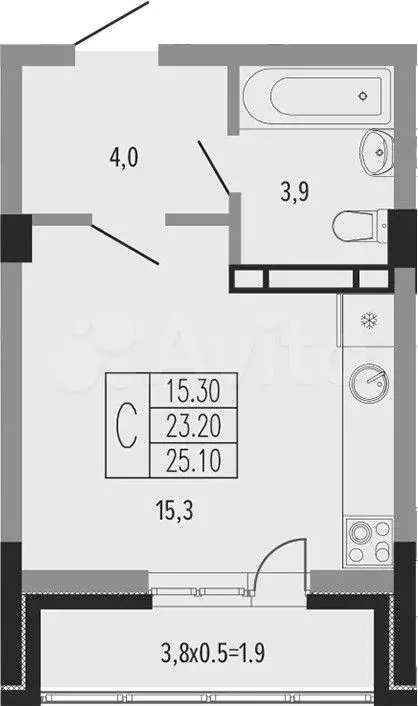 Квартира-студия, 25,1 м, 12/15 эт. - Фото 1
