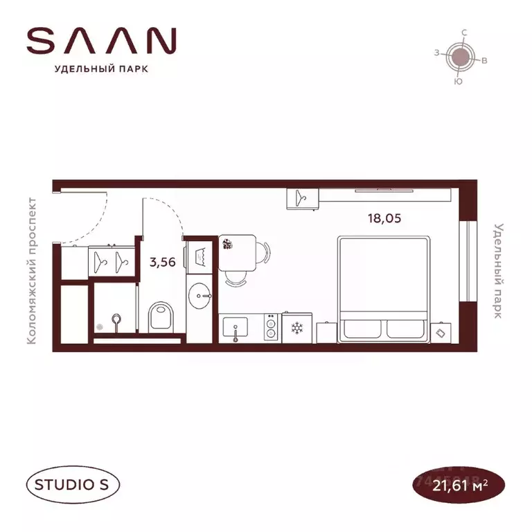 Студия Санкт-Петербург  (21.61 м) - Фото 1
