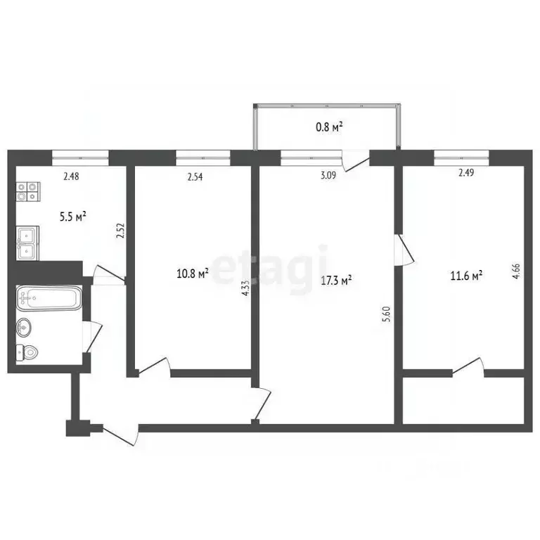 3-к кв. Псковская область, Псков Юбилейная ул., 55 (56.7 м) - Фото 2
