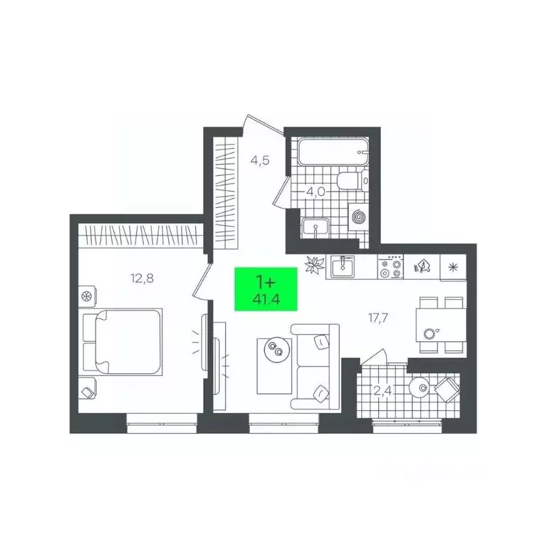 1-к кв. Тюменская область, Тюмень Комарово Парк жилрайон,  (41.4 м) - Фото 1