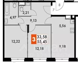 3-к кв. Москва № 3 кв-л, 6к2 (55.45 м) - Фото 2