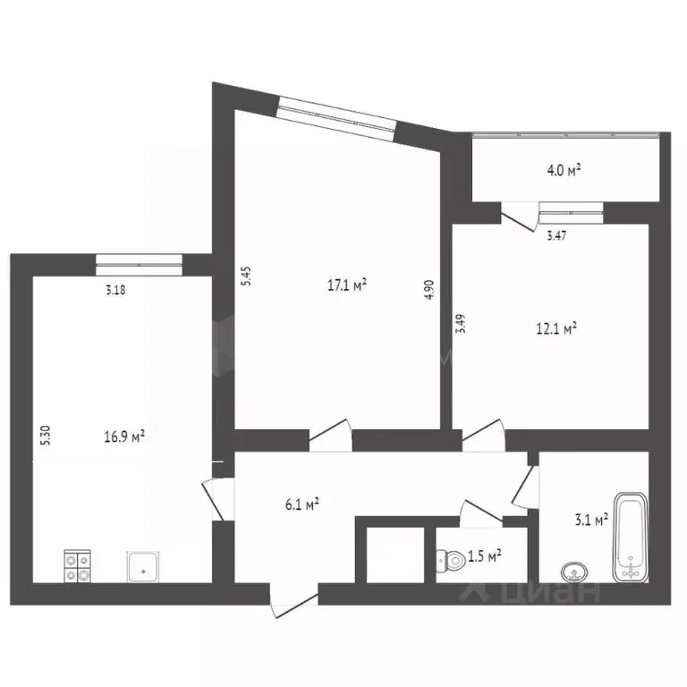 2-к кв. Тюменская область, Тюмень Харьковская ул., 68 (59.2 м) - Фото 1