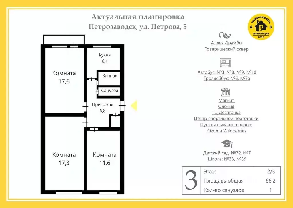 3-к кв. Карелия, Петрозаводск ул. Петрова, 5 (65.4 м) - Фото 1