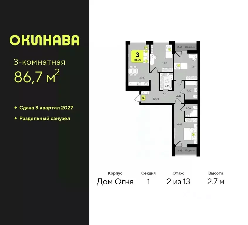 3-к кв. Тюменская область, Тюмень Окинава жилой комплекс (86.7 м) - Фото 0