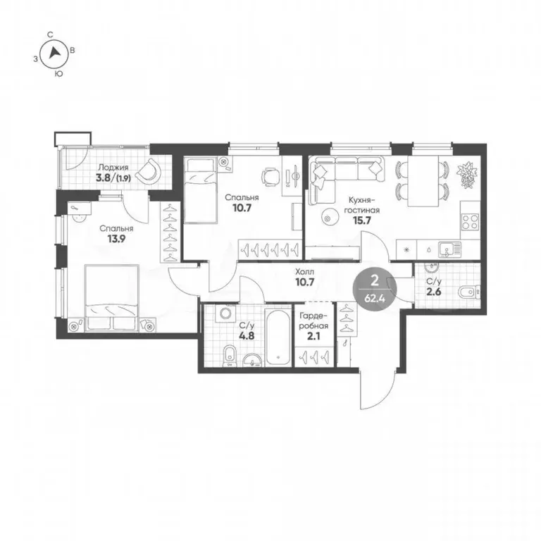 2-к. квартира, 66,1 м, 2/9 эт. - Фото 1