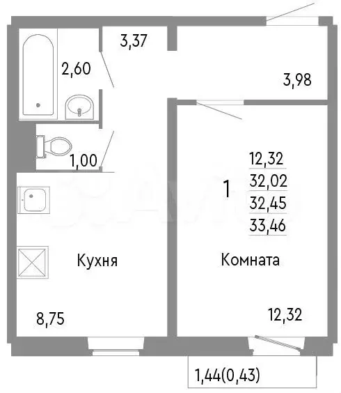 1-к. квартира, 32,5 м, 7/10 эт. - Фото 0