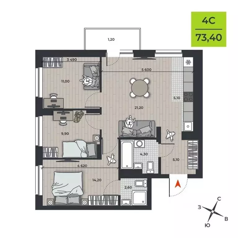 4-к кв. Новосибирская область, Новосибирск ДНК жилой комплекс (74.6 м) - Фото 2