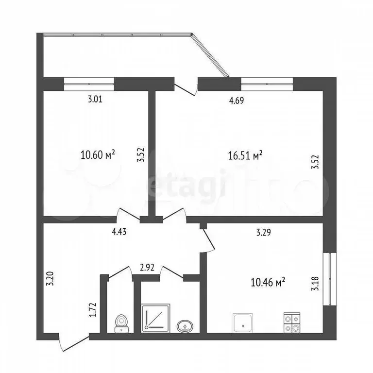 2-к. квартира, 51 м, 4/9 эт. - Фото 0