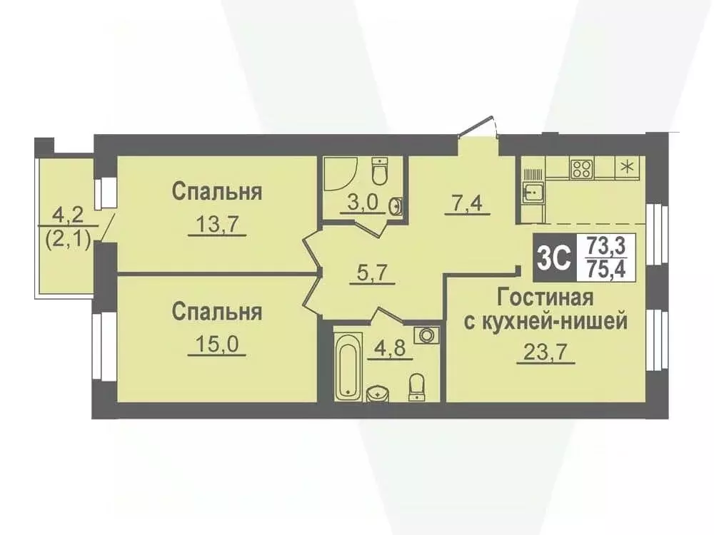 3-к кв. Новосибирская область, Кольцово рп, 5-й мкр  (75.4 м) - Фото 0