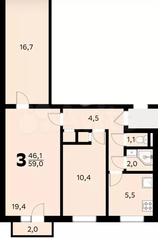 3-к. квартира, 56,8 м, 3/9 эт. - Фото 0