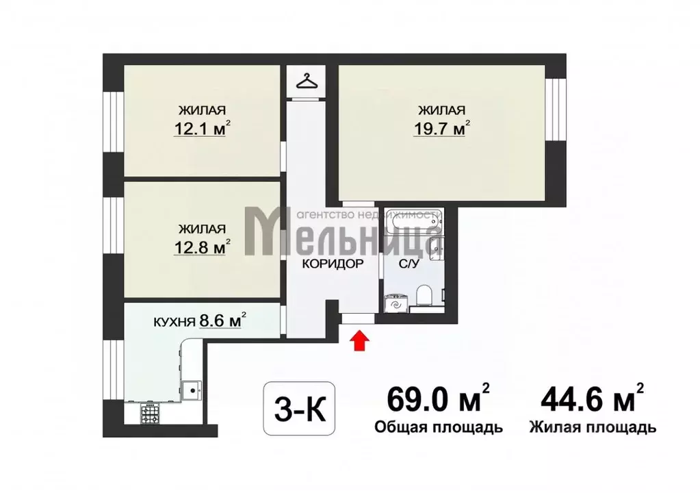 3-к кв. Волгоградская область, Волгоград ул. 7-й Гвардейской, 7 (69.0 ... - Фото 2