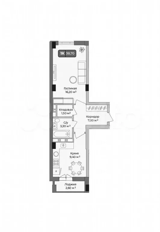1-к. квартира, 38,7 м, 8/9 эт. - Фото 1