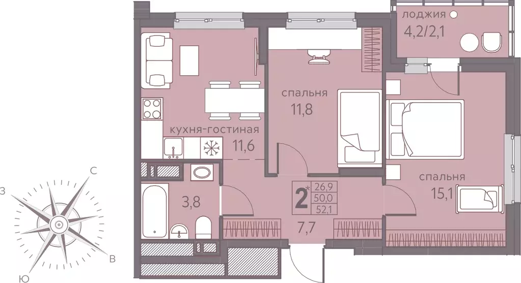 2-к квартира, 52.1 м - Фото 0
