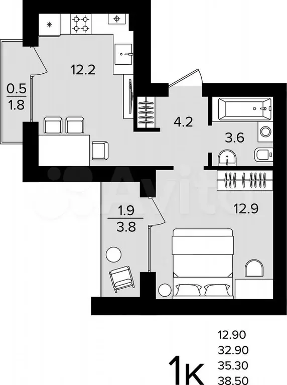 1-к. квартира, 35,3 м, 2/4 эт. - Фото 1