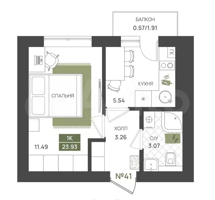 1-к. квартира, 24 м, 5/5 эт. - Фото 1