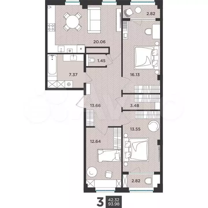 3-к. квартира, 94 м, 4/4 эт. - Фото 0