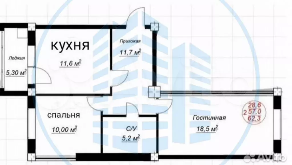 2-к. квартира, 57,5 м, 7/9 эт. - Фото 0
