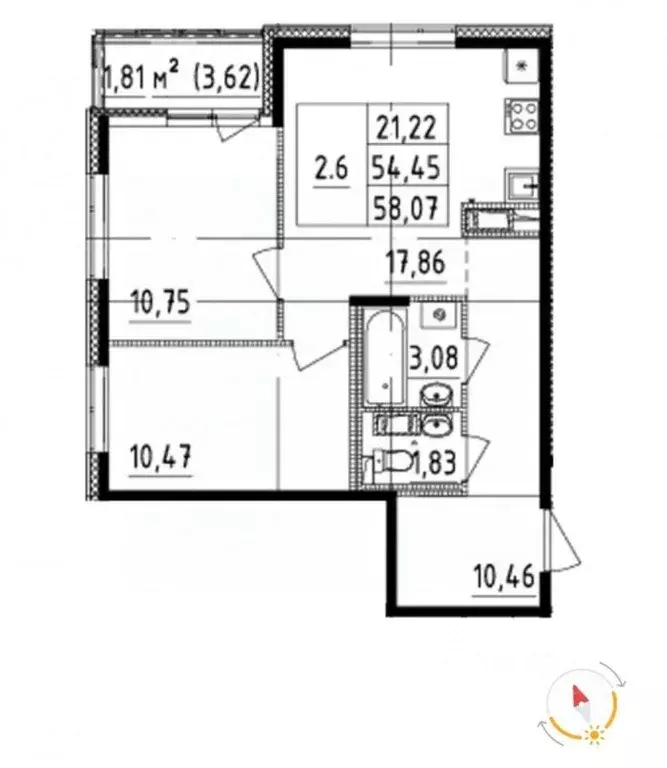 Квартира, 2 комнаты, 54.45 м - Фото 1