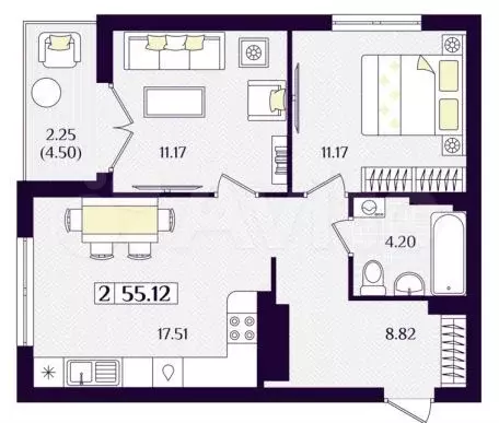 2-к. квартира, 55 м, 5/7 эт. - Фото 1