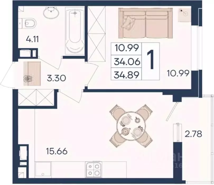 1-к кв. Краснодарский край, Краснодар  (34.89 м) - Фото 1