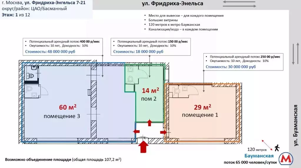 Помещение свободного назначения в Москва ул. Фридриха Энгельса, 7-21 ... - Фото 1