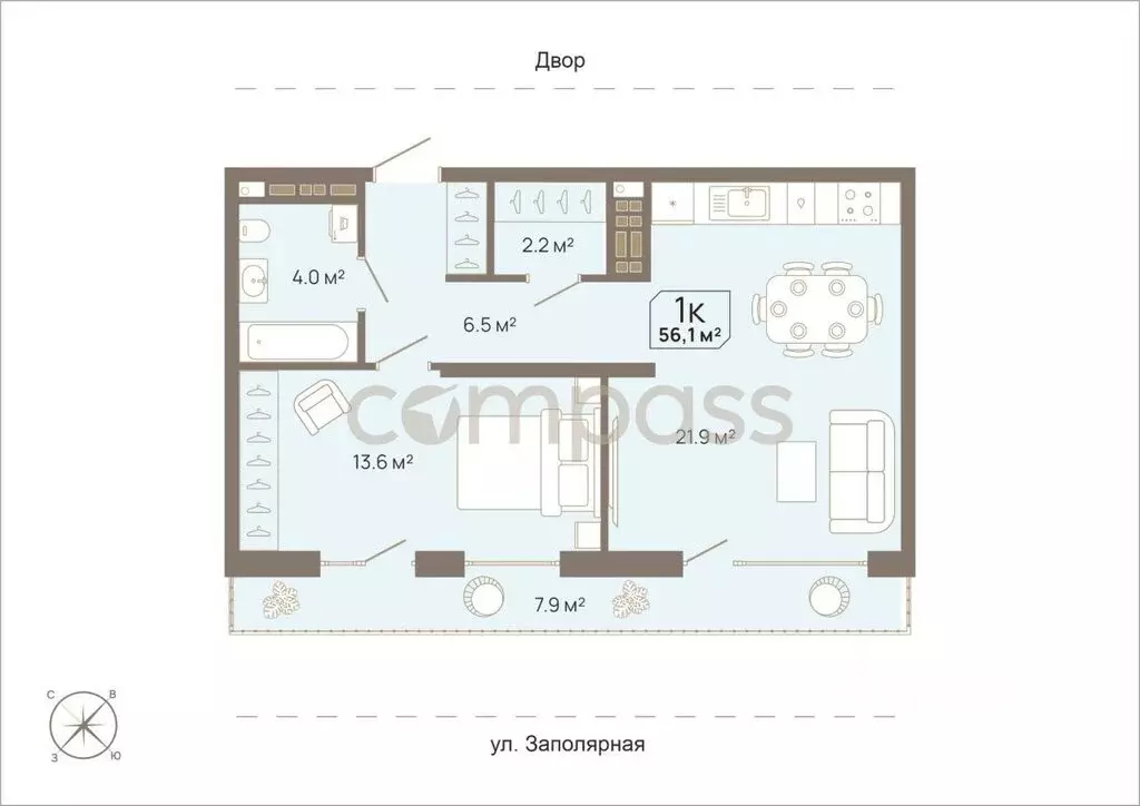 1-комнатная квартира: Тюмень, Заполярная улица, 3 (56.1 м) - Фото 1